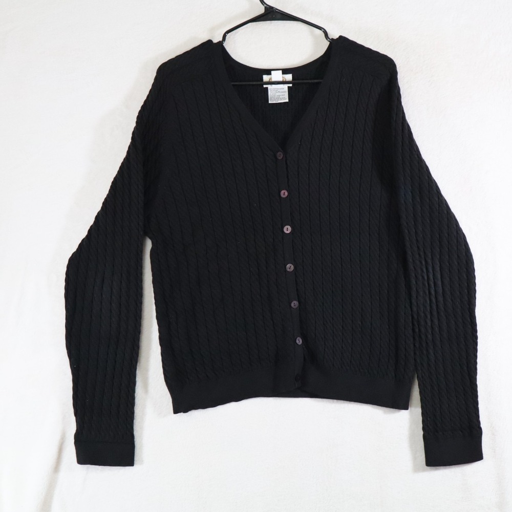 VTG Talbots Women's Size L Black Cable Knit Button‑Front Cardigan Cotton Sweater